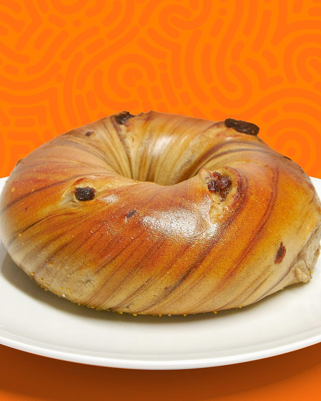 Cinnamon raisin bagel on a bright orange background
